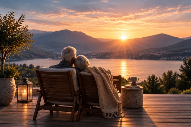 Älteres Paar blickt bei Sonnenuntergang von einer Terrasse auf einen See