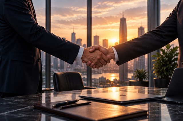 Handschlag zweier Geschäftspartner im Büro vor einer Skyline im Sonnenuntergang